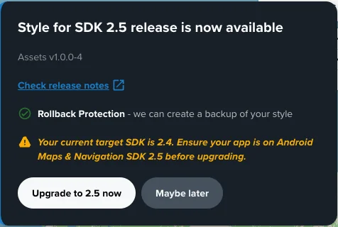 Style update notification for a newer SDK version