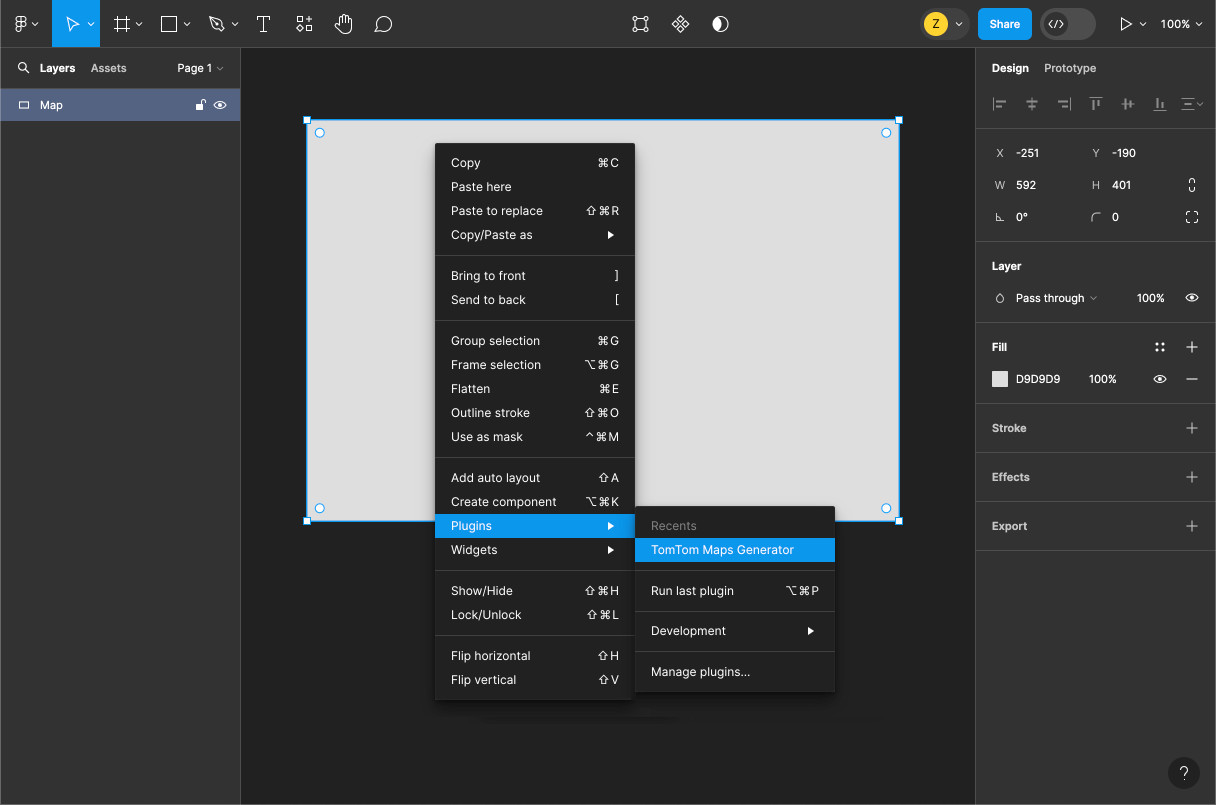 To open the plugin, go to the Figma menu, select Plugins > TomTom Maps Generator